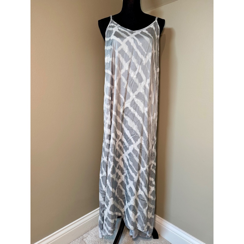 Free For Humanity Grey White Geometric Silk Blend Maxi‎ Dress Made in Italy